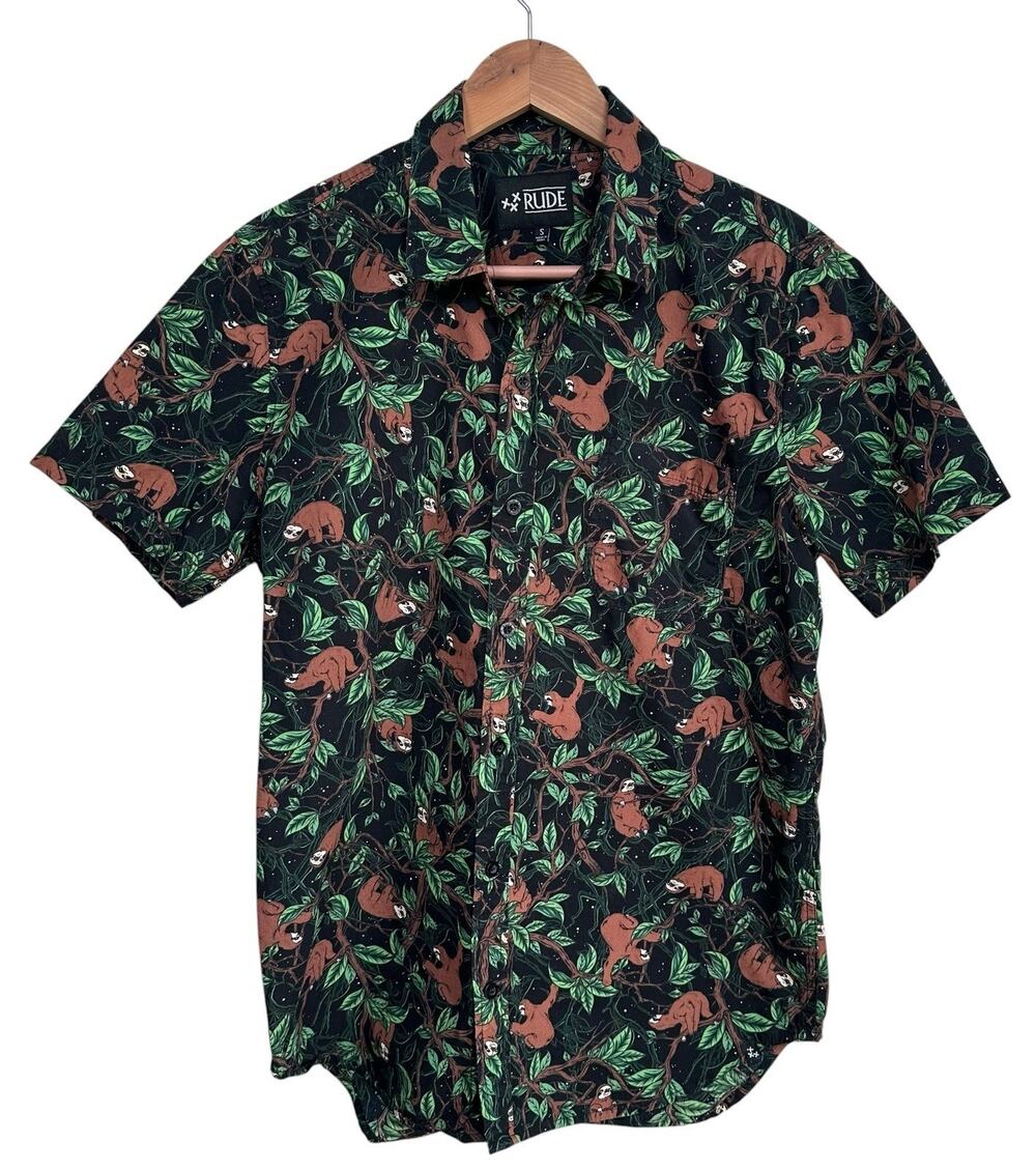 XXX Rude Men’s Black Jungle Sloth Casual Button-Up Short Sleeve Shirt Size Small